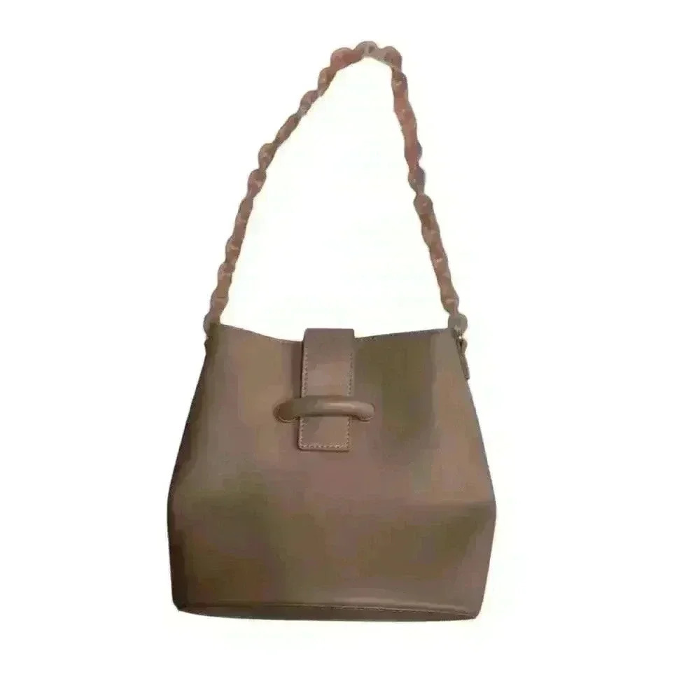 Fashionable Chain Handle Shoulder Bag Elegant Solid Color Leather Bucket Purse - Picture 2 of 16
